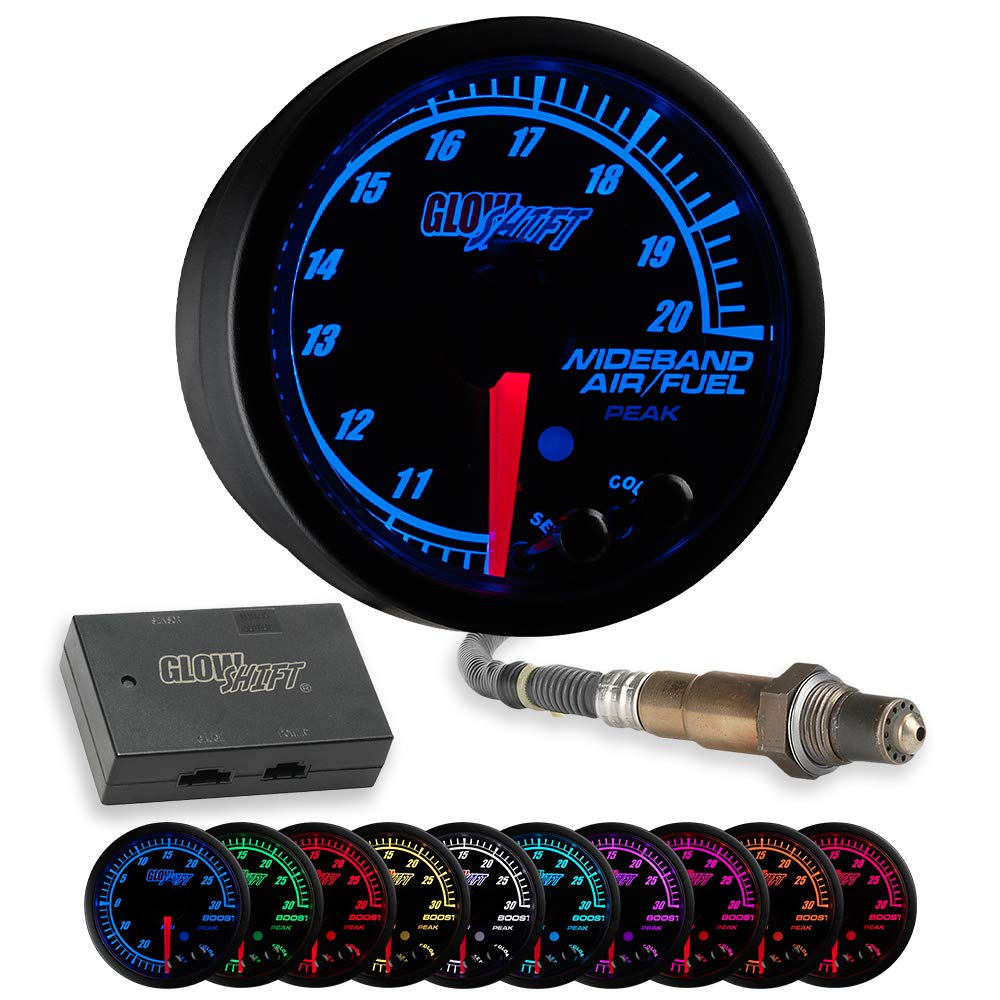 GlowShift Elite 10 Color Wideband Air/Fuel Ratio AFR Gauge Kit - Includes Oxygen Sensor, Data Logging Output & Weld-in Bung - Black Dial