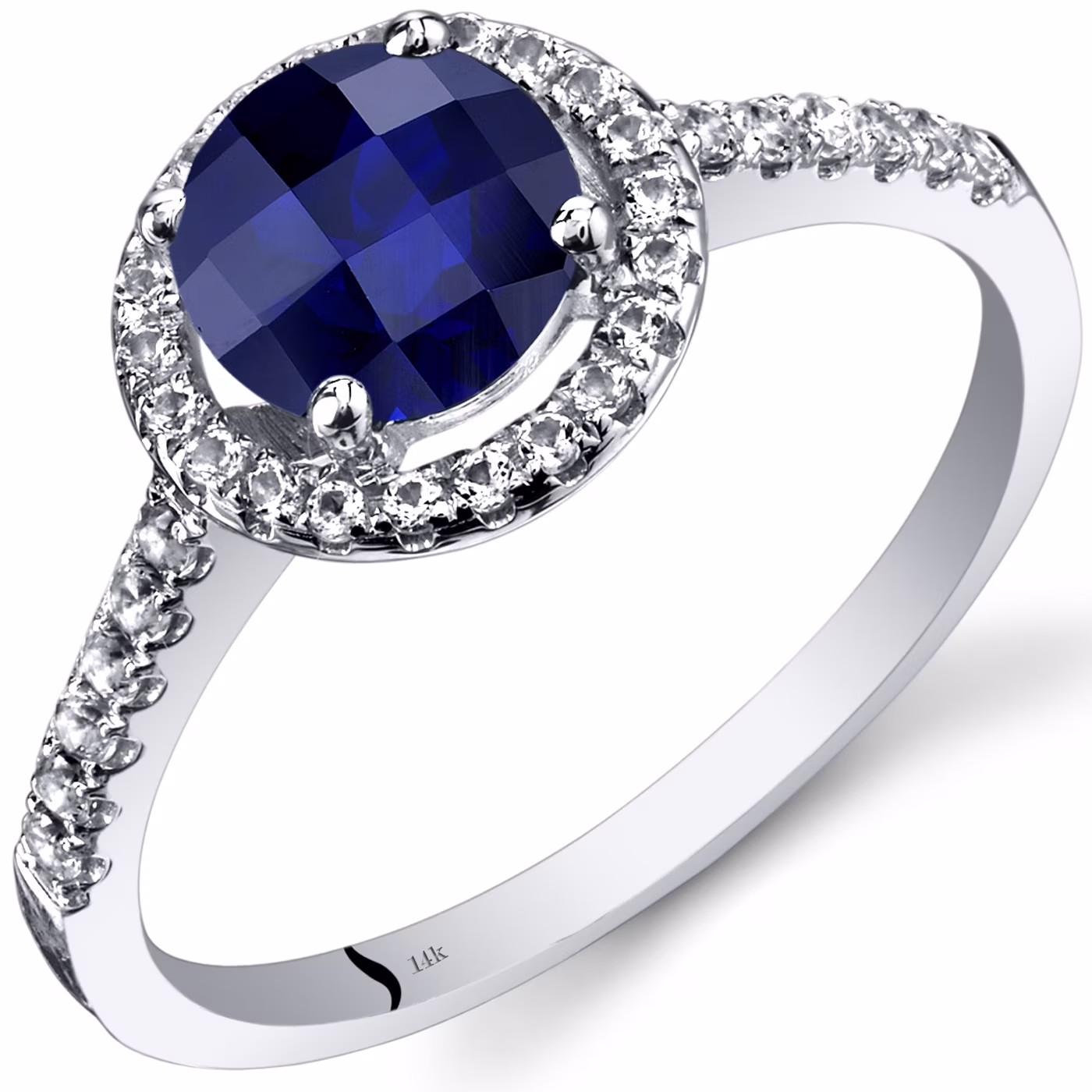 Oravo 1.5 ct Round Shape Created Blue Sapphire Halo Ring in 14K White Gold