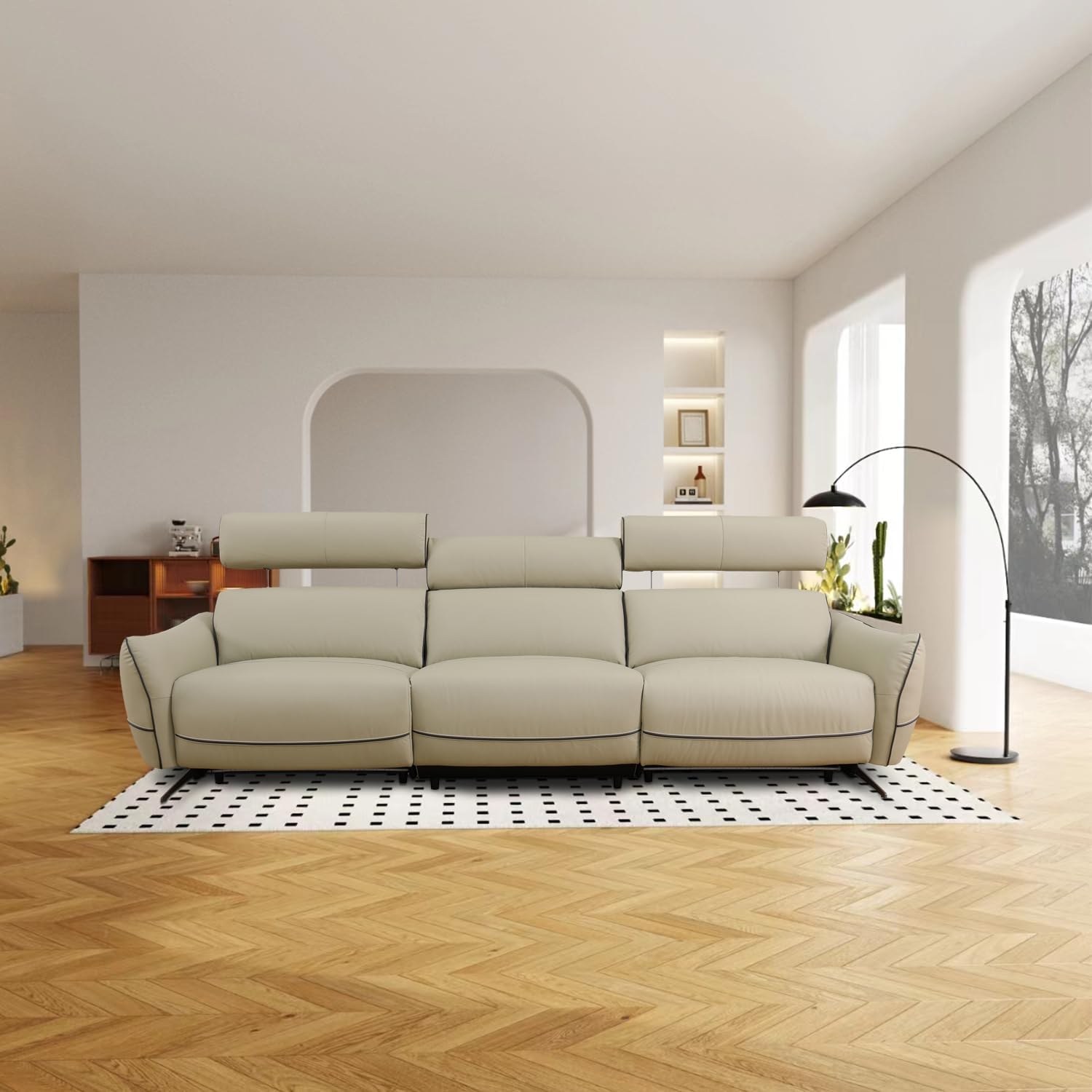 Power Reclining Sofa, Top Grain Leather Recliner Couch, 114.5" Wide Leather Sofa with USB Port for Living Room (Beige)