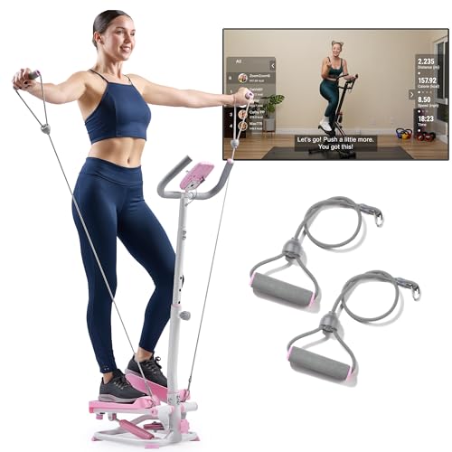 Sunny Health & Fitness Total Body 2-in-1 Smart Stepper Machine for Home with Handlebar and Resistance Bands, Total Body Workout, Adjustable Hydraulic