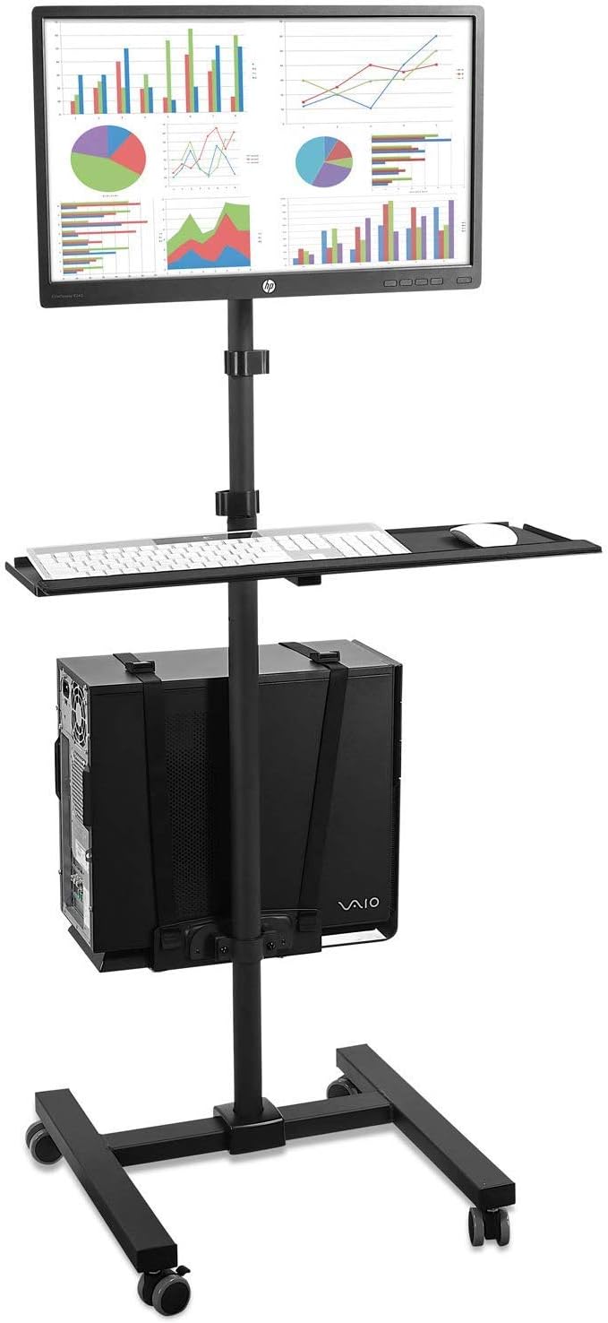Mount-It! Rolling Computer Cart, Mobile Workstation with Tray Monitor Mount and CPU Holder