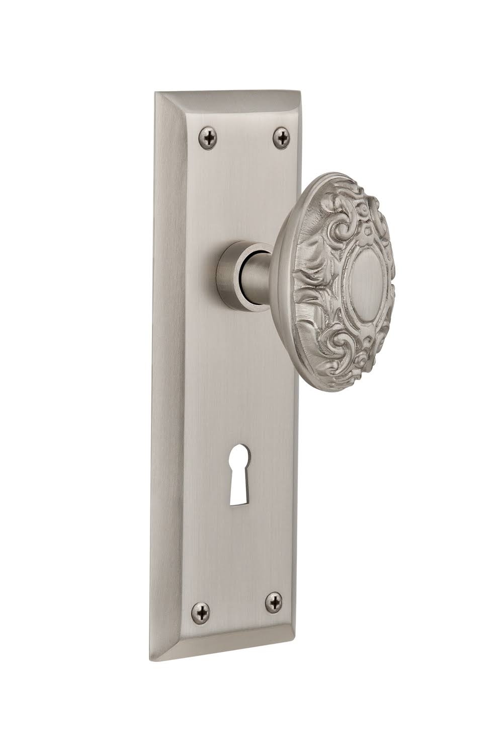 Nostalgic Warehouse 712096 New York Plate with Keyhole Passage Victorian Door Knob, Satin Nickel