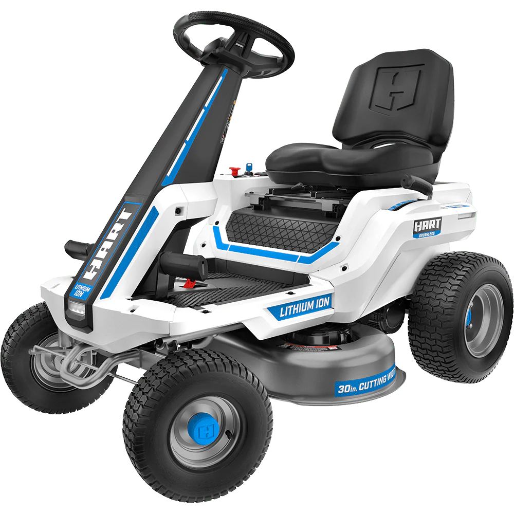 HART 80-Volt 30-inch Deck Lithium-Ion Riding Lawn Mower Kit, (1) Super Charger