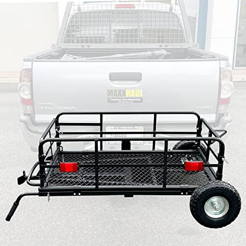 MaxxHaul 50243 Foldable Hitch N Roll Cargo Carrier Cart With Quick Detachable Basket Rack With 10 inch Flat Free Tires for Home Camp Travel Ranch SUV