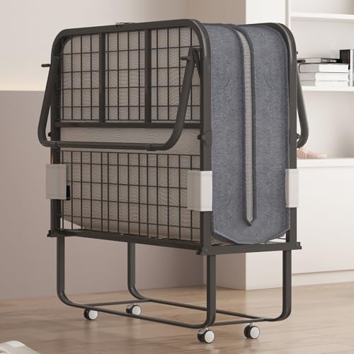 Mjkone Folding Bed with 5 Inch Memory Foam Mattress, Single Rollaway Bed for Guests, Space Saving Portable Bed with Lockable Wheels