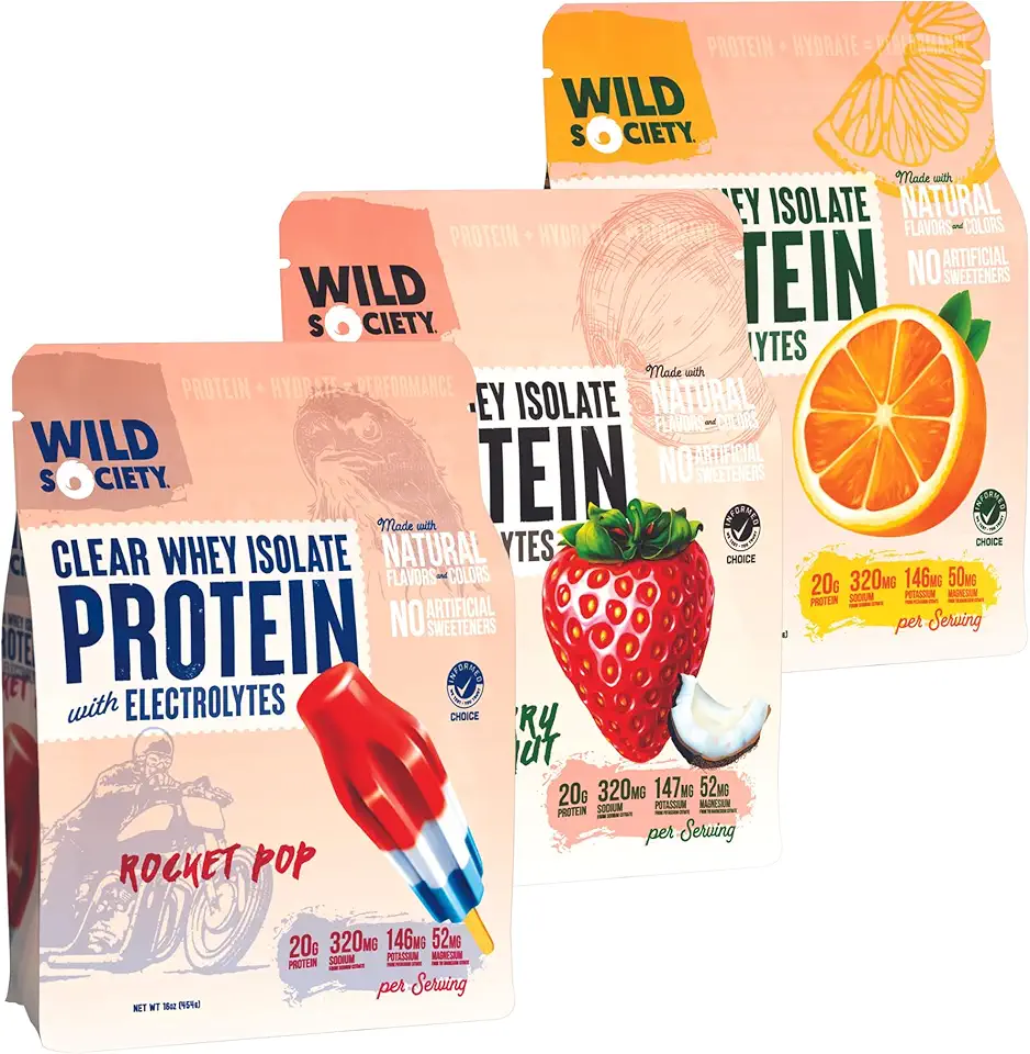 WILD SOCIETY - Top Flavor Multipack - Clear Whey Protein + Electrolytes - Refreshing Whey Protein Isolate Powder - 20g Protein, 0 Added Sugar