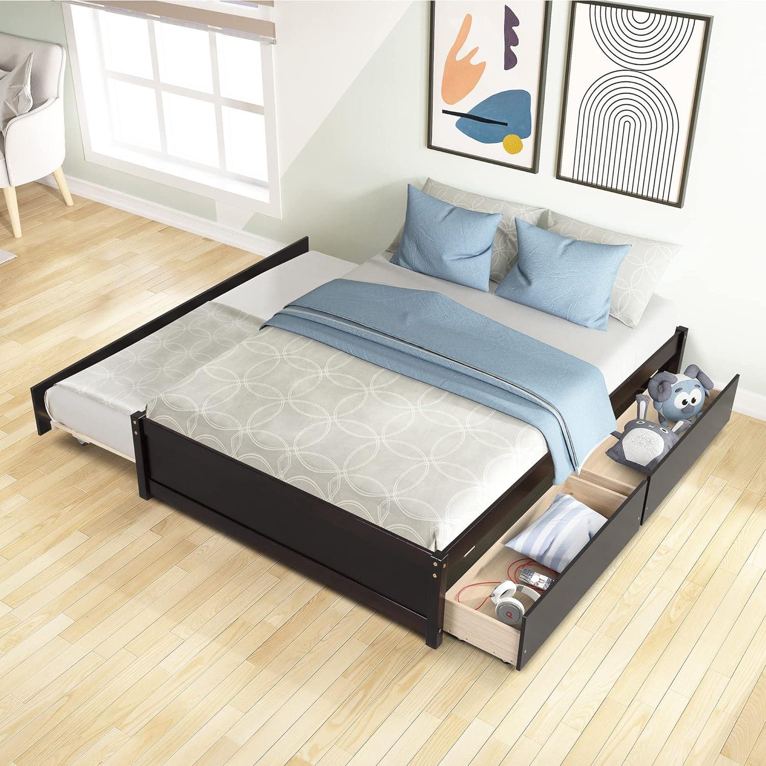 Wood Platform Bed Frame, Full Bed With Trundle And Drawers, Trundle Platform Bed Full Size