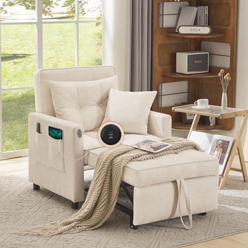 Sofa Bed Chair, 3 in 1 Convertible Sleeper Chair Bed for Adults, Pull Out Chair Sleeper, Adjustable Reading Chair with 2 Pillows and Backrest