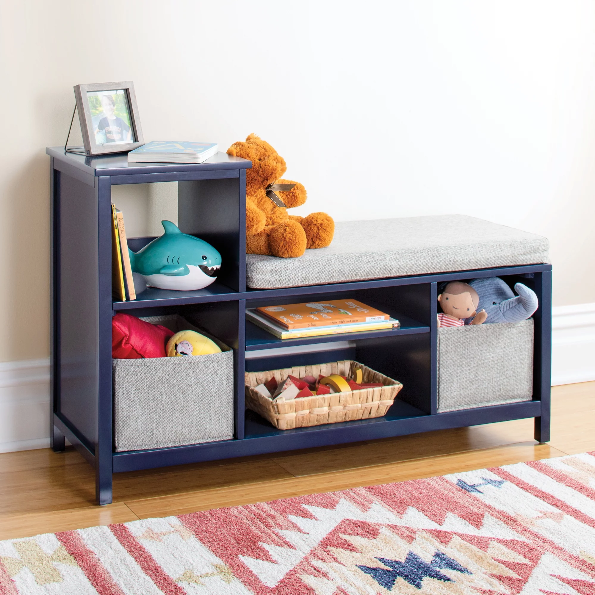 Martha Stewart Kids' Jr. Reading Nook- Navy: Wooden Bookshelf and Toy Storage Bench with Bins
