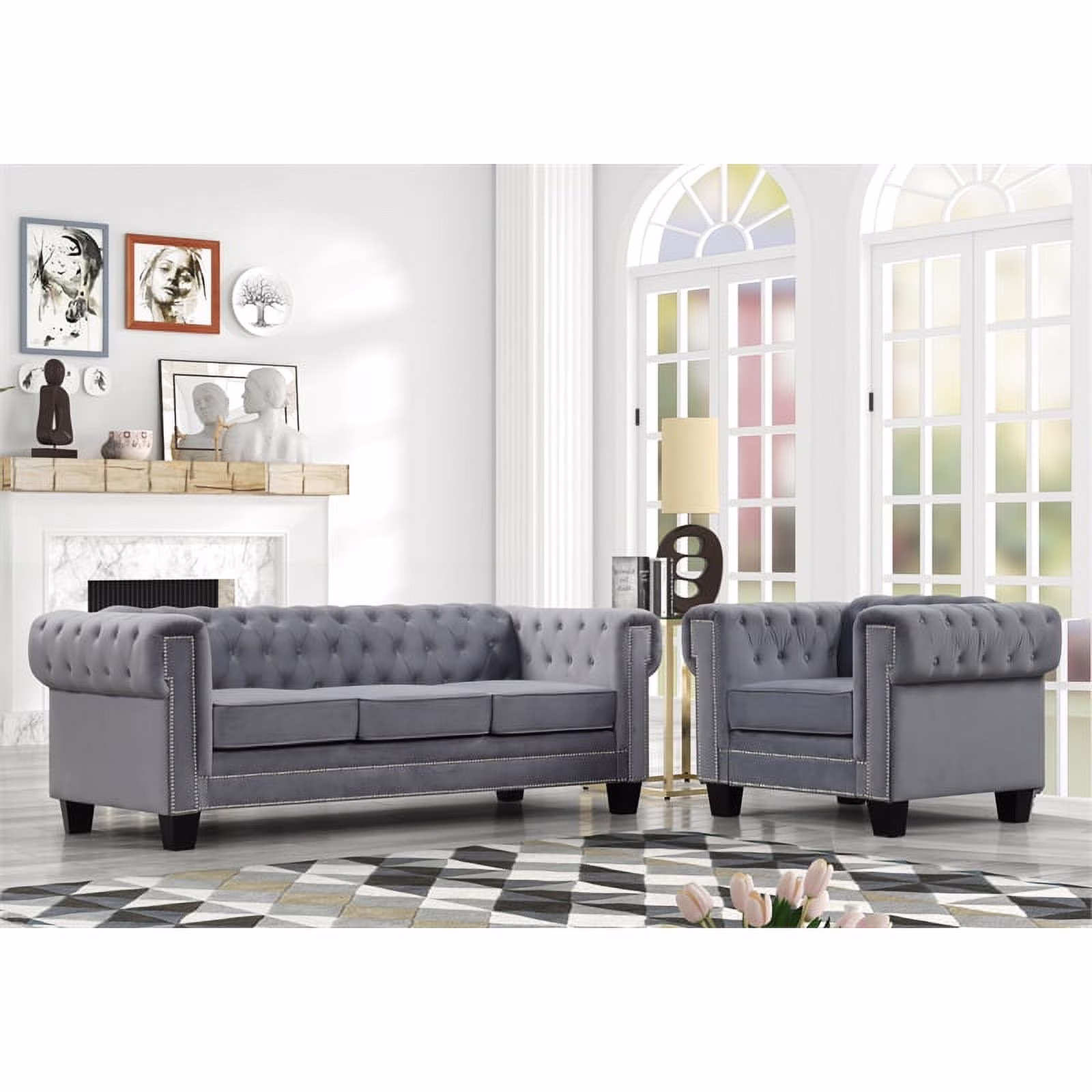 Rnfurnishings inc Arav 2-Piece Living Room Furniture Velvet fabric Set-Gray