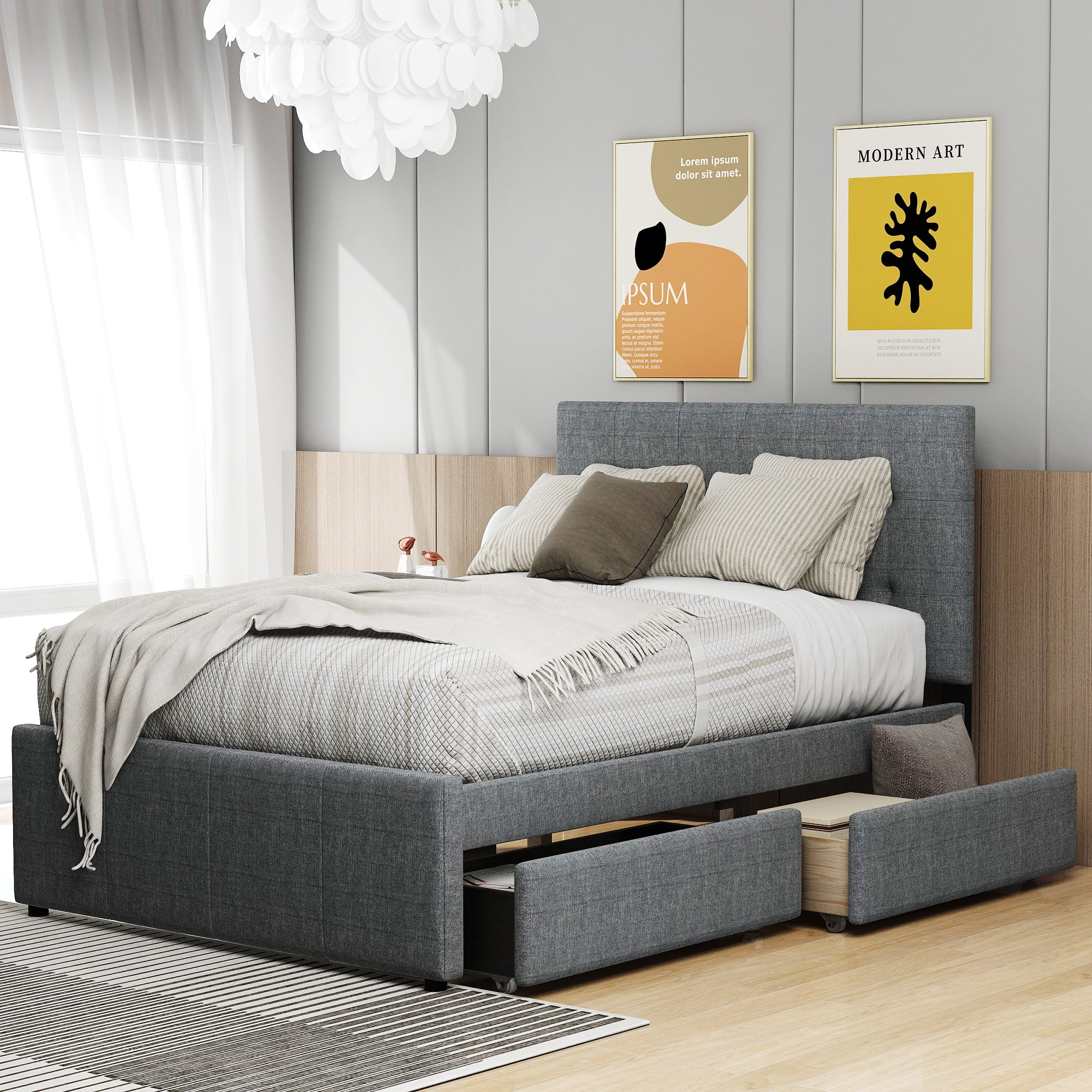 Euroco Upholstered Full Size Platform Bed with 2 Drawers for Kids Room, Solid Wood Daybed for Guests room, Gray