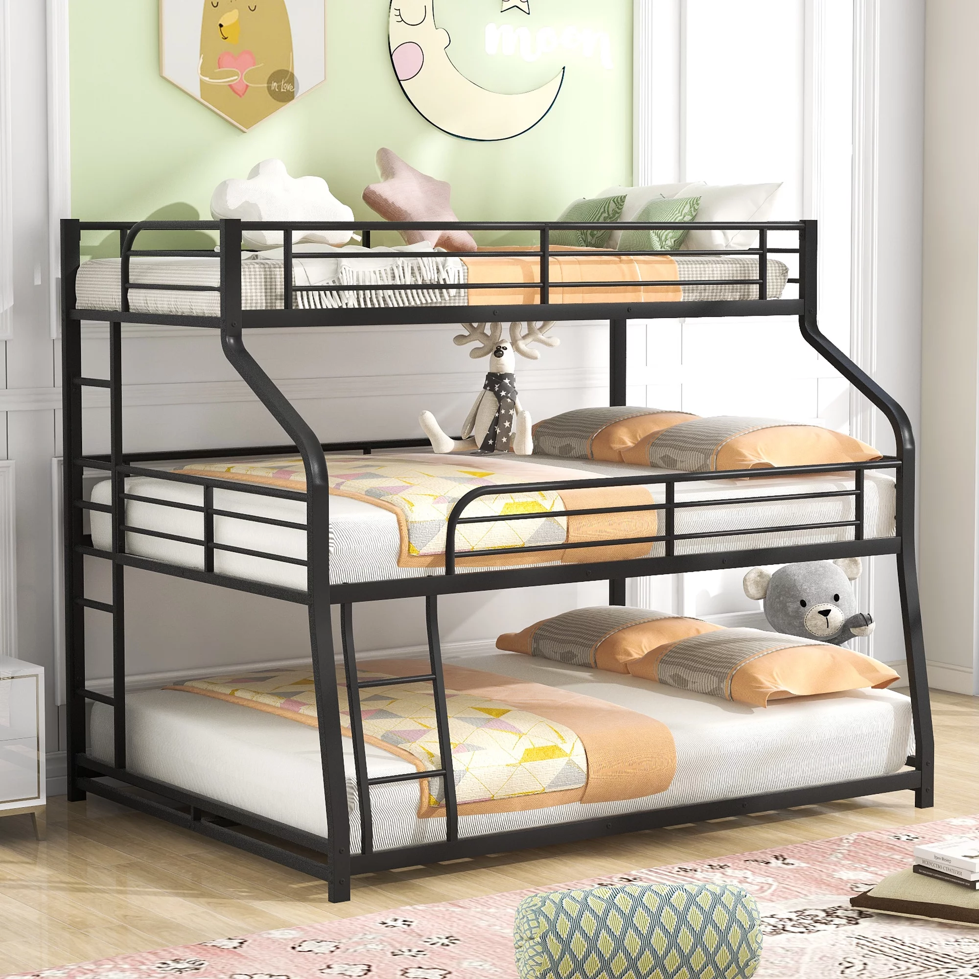 Euroco Metal Triple Bunk Bed, Twin-XL over Full-XL over Queen Size for Kids and Adults, Black - Curated Treasures Market