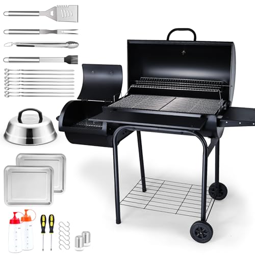 Charcoal Grill Offset Smoker（Grill + BBQ Tools）, Joyfair Large Barrel Grill with 770Sq.In. Cooking Space for 8-10 People Cooking
