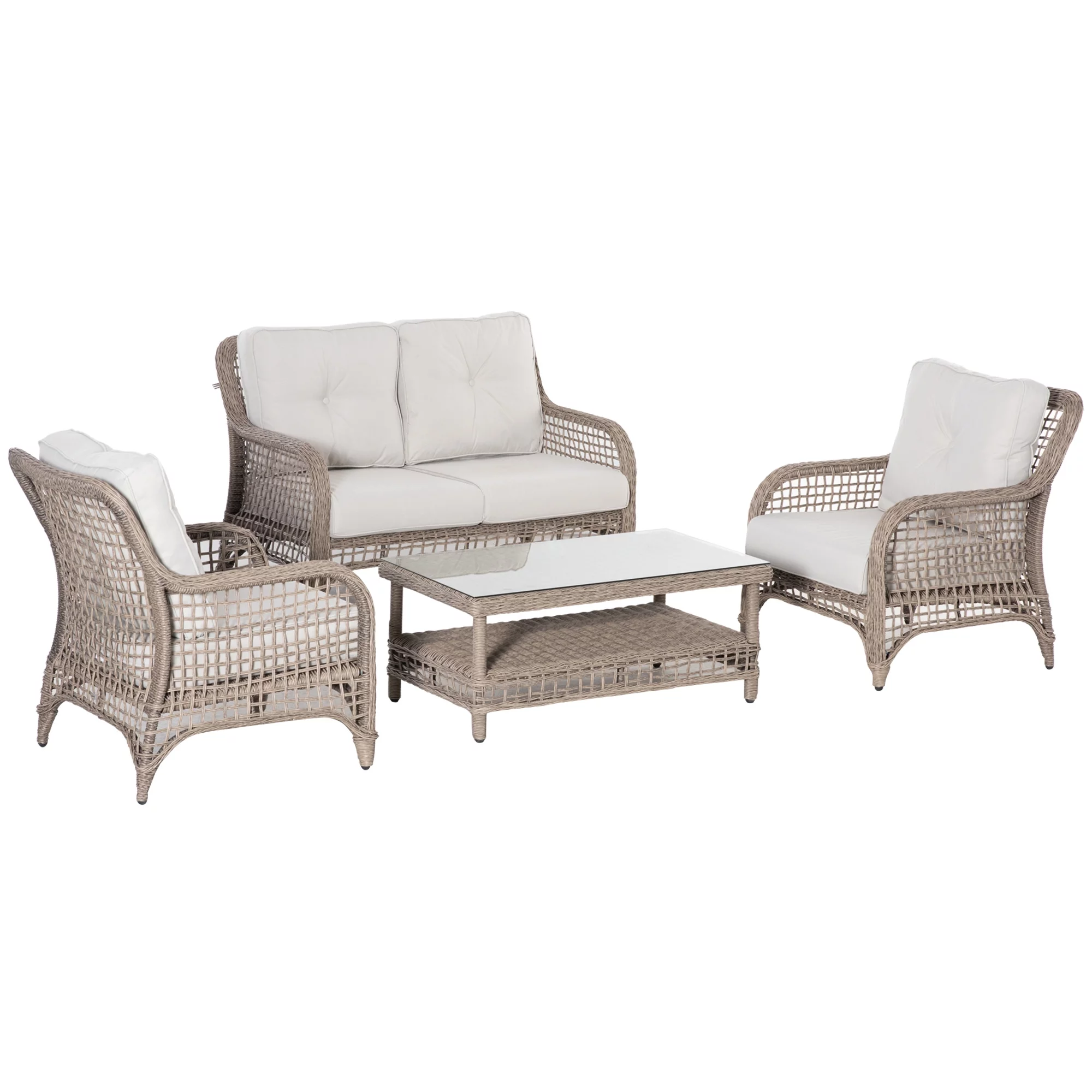 Outsunny 4pc Outdoor Patio Furniture Set, 2 Rattan Chairs, 1 PE Wicker Loveseat Sofa, 1 Center Coffee Table w/ Tempered Glass Table-Top