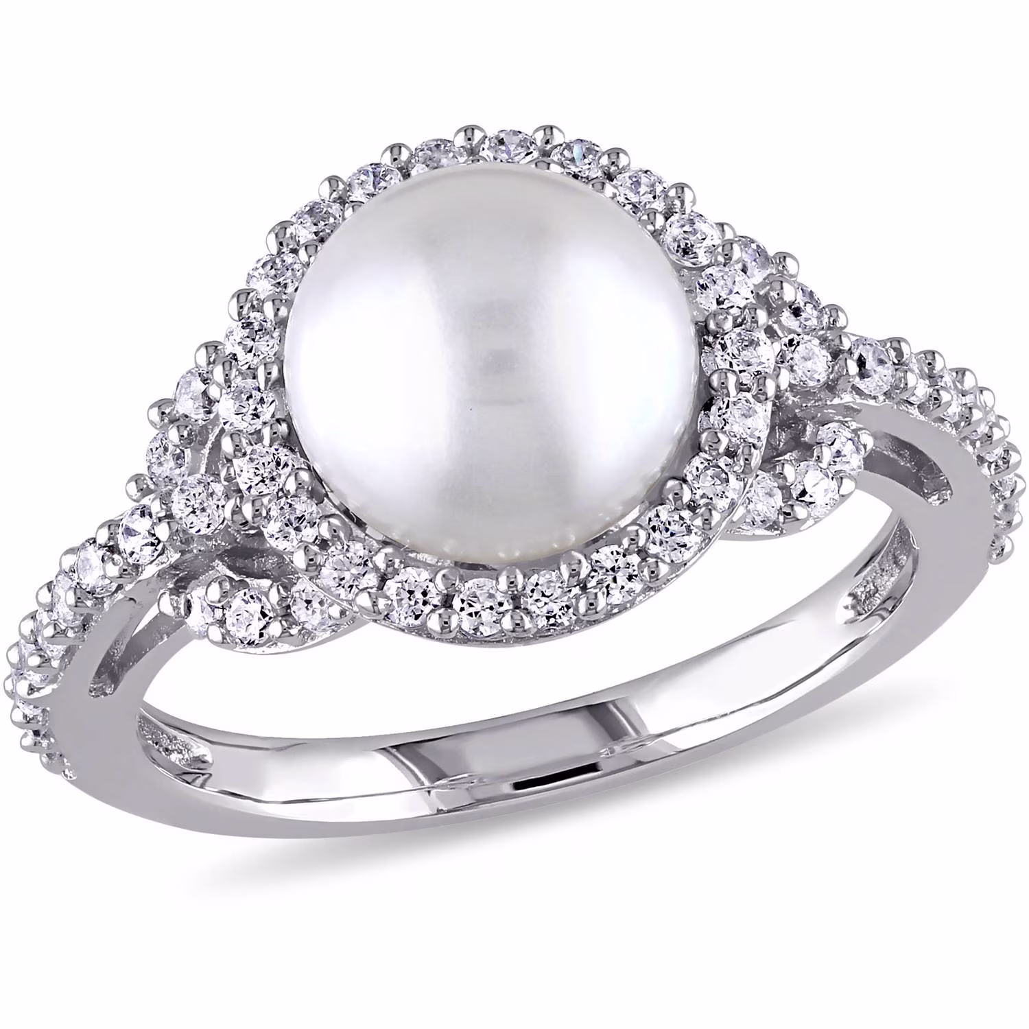 8.5-9mm White Cultured Freshwater Pearl and 1 Carat T.G.W Cubic Zirconia Halo Sterling Silver Ring