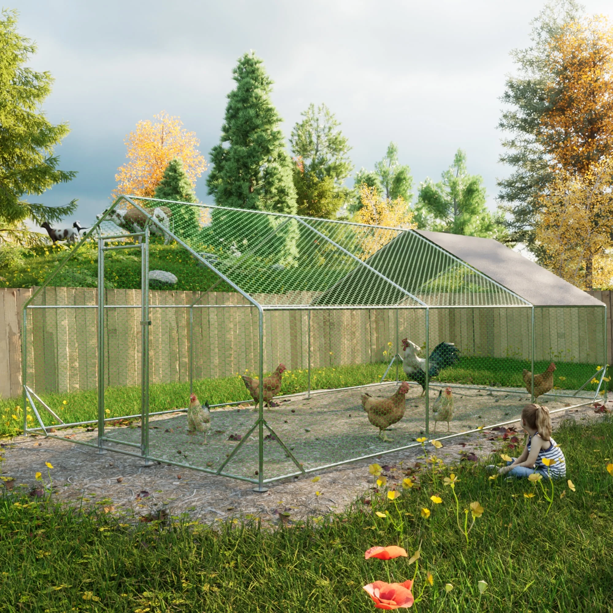 LZBEITEM Large Metal Chicken Coop Walk-in Poultry Cage Heavy Duty Chicken Runs Hen House for Yard with Waterproof and Anti-UV Cover for Outdoor Farm