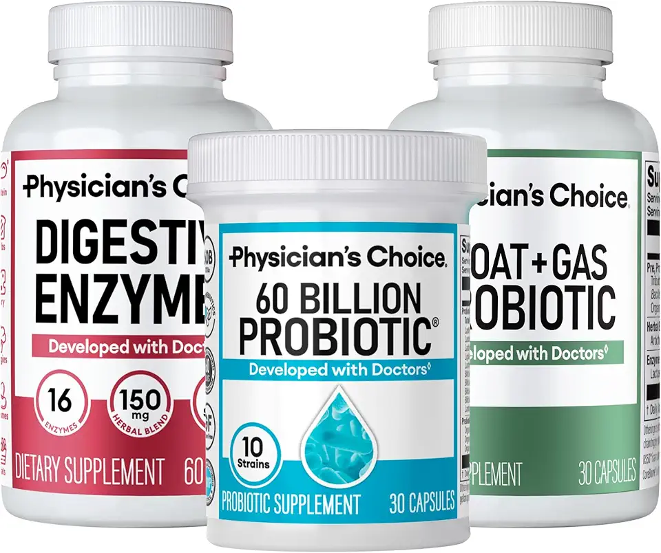 Physician's CHOICE 60 Billion Probiotic 30ct + Bloat & Gas Probiotic 30ct + Digestive Enzymes 60ct - Gut Guardian Bundle - Kansas Nuitrition - HNZSDS