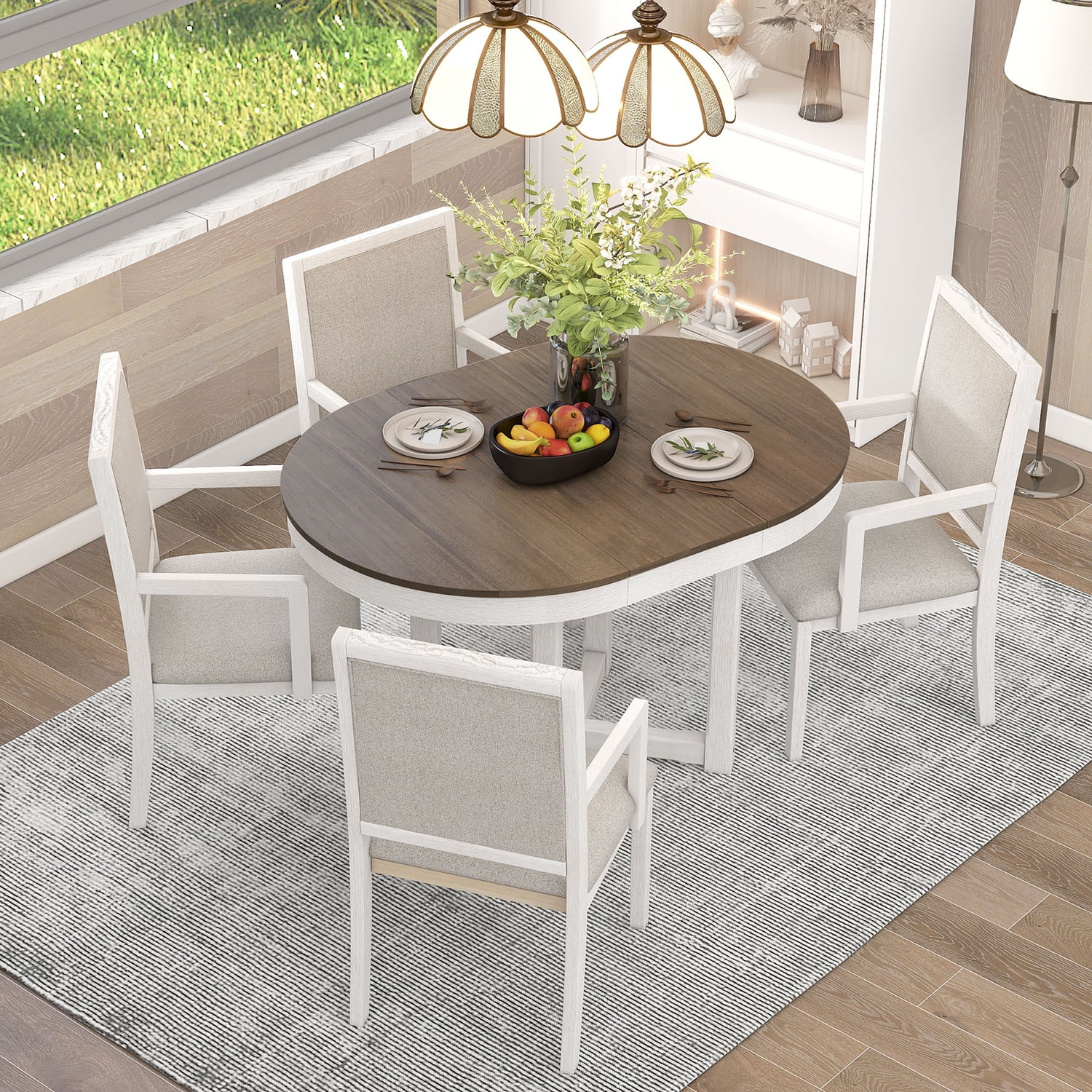 Churanty Farmhouse 5 Piece Round Dining Table Set for 4,Two Size Round to Oval Extendable Butterfly Leaf Wood Dining Table with 4 Upholstered Chairs