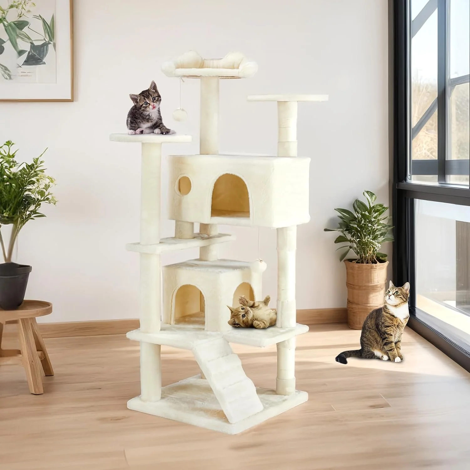 54in Cat Tree Tower for Indoor Cats, Multi-Level Pet Furniture, Kitty Play House with Sisal Scratching Post, Large Condo, Climbing Ladder