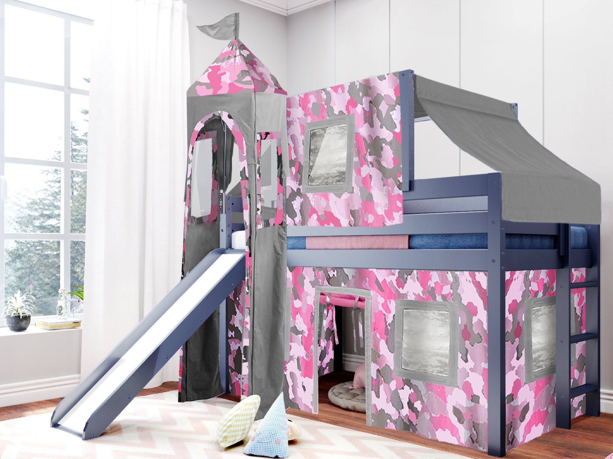 Jackpot! Princess Low Loft Twin Bed with Slide Pink Camo Tent and Tower, Blue