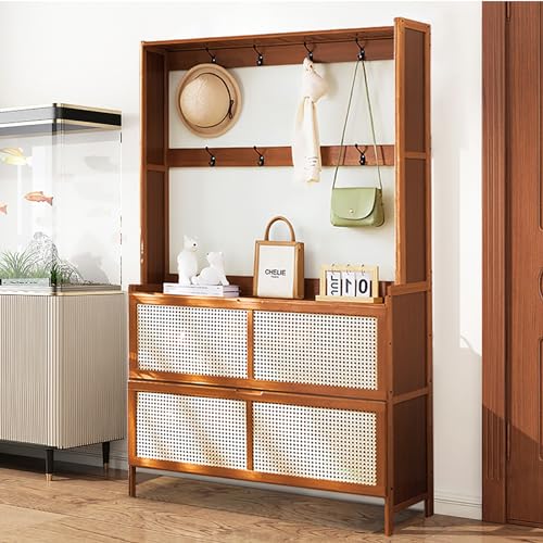 Bamboo Hall Tree with Shoe Storage, Bamboo Shoe Cabinet for Entryway, 14 Shoe Cubbies & 8 Coat Hooks