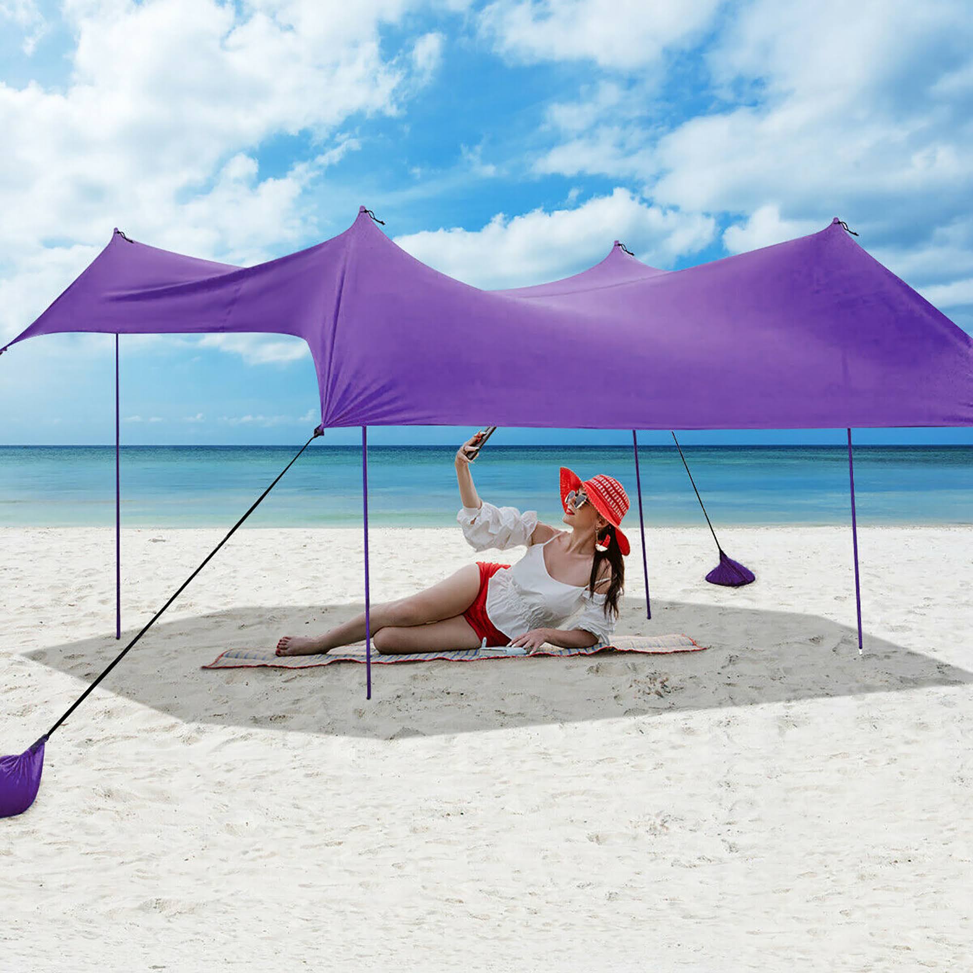 Costway Family Beach Tent Canopy w/4 Poles Sandbag Anchors 10&x9& UPF50+ Purple