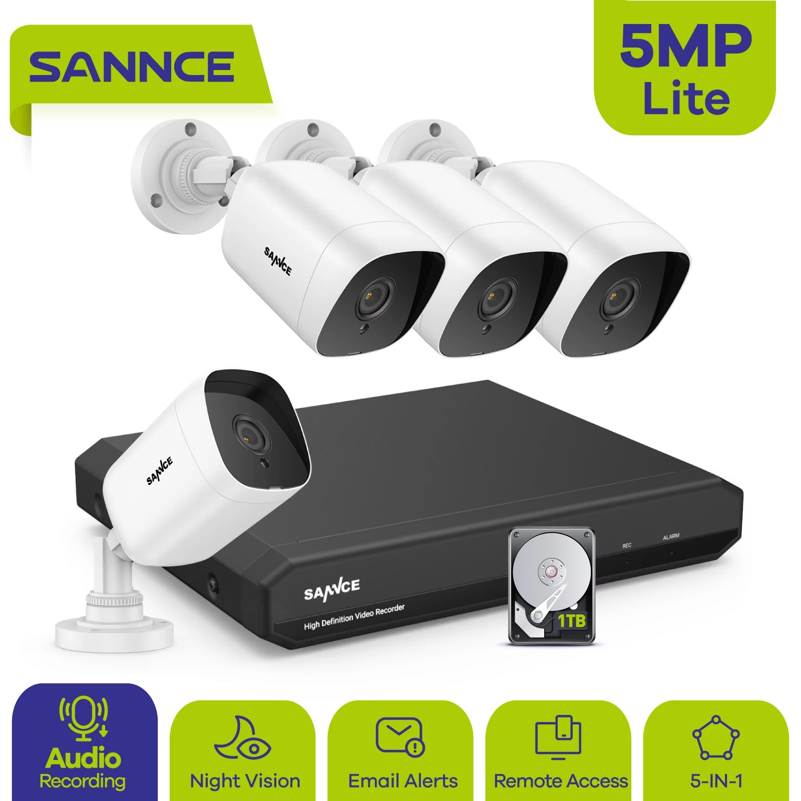 SANNCE 8CH 5MP-N HD DVR Home Security Camera System 4pcs 5MP AI Human Detection IP66 Outdoor Cameras Surveillance CCTV Kit with 1T Hard Drive