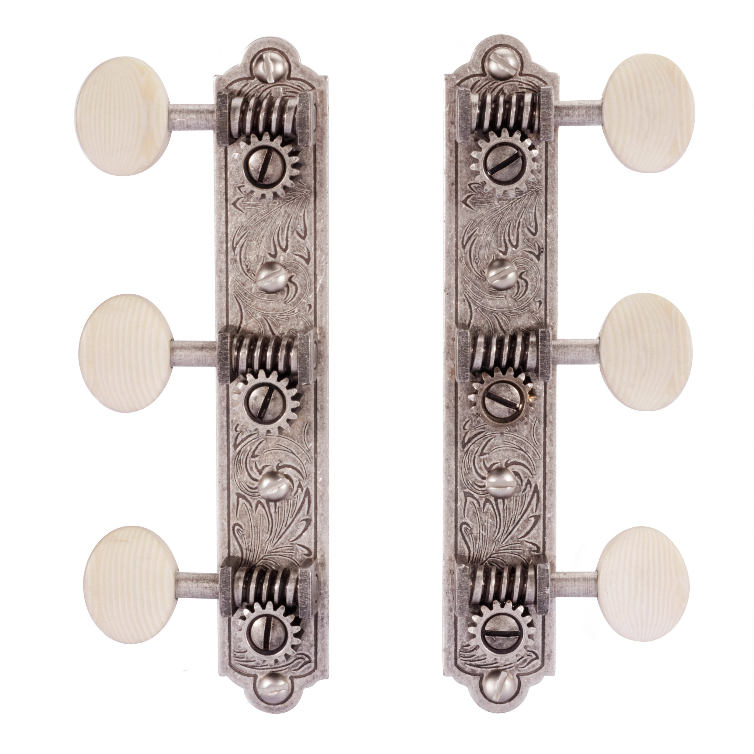 Golden Age Restoration Tuners for Solid Peghead Guitar with Engraved Bell-end, Relic Nickel, Ivoroid Knob from StewMac. Golden A