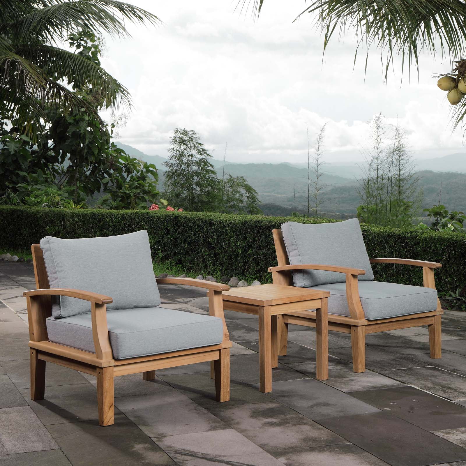 Modway Marina 3 Piece Outdoor Patio Teak Set in Natural Gray