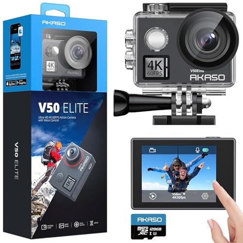 AKASO V50 Elite 4K60fps Action Camera with 128GB MicroSDXC U3 Memory Card Accessories Kit Bundle Voice Control EIS 131 feet Waterproof Camera 8X Zoom
