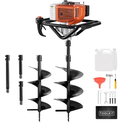 Post Hole Digger, 62cc Auger Post Hole Digger, Gas Powered Earth Digger with 2 Auger Drill Bits(6" & 8") + 3 Extension Rods, for Farmland