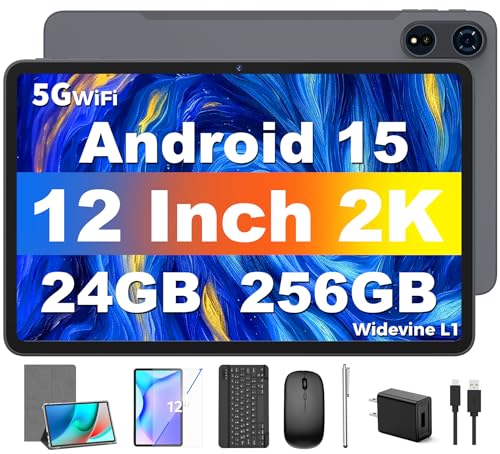 Tablet 12 inch Android 15 Tablets, 24GB（8+16）RAM+256 Storage(Expand to 1TB), Android Tablet with Keyboard, Octa-Core, 2K 2000x1200 Display
