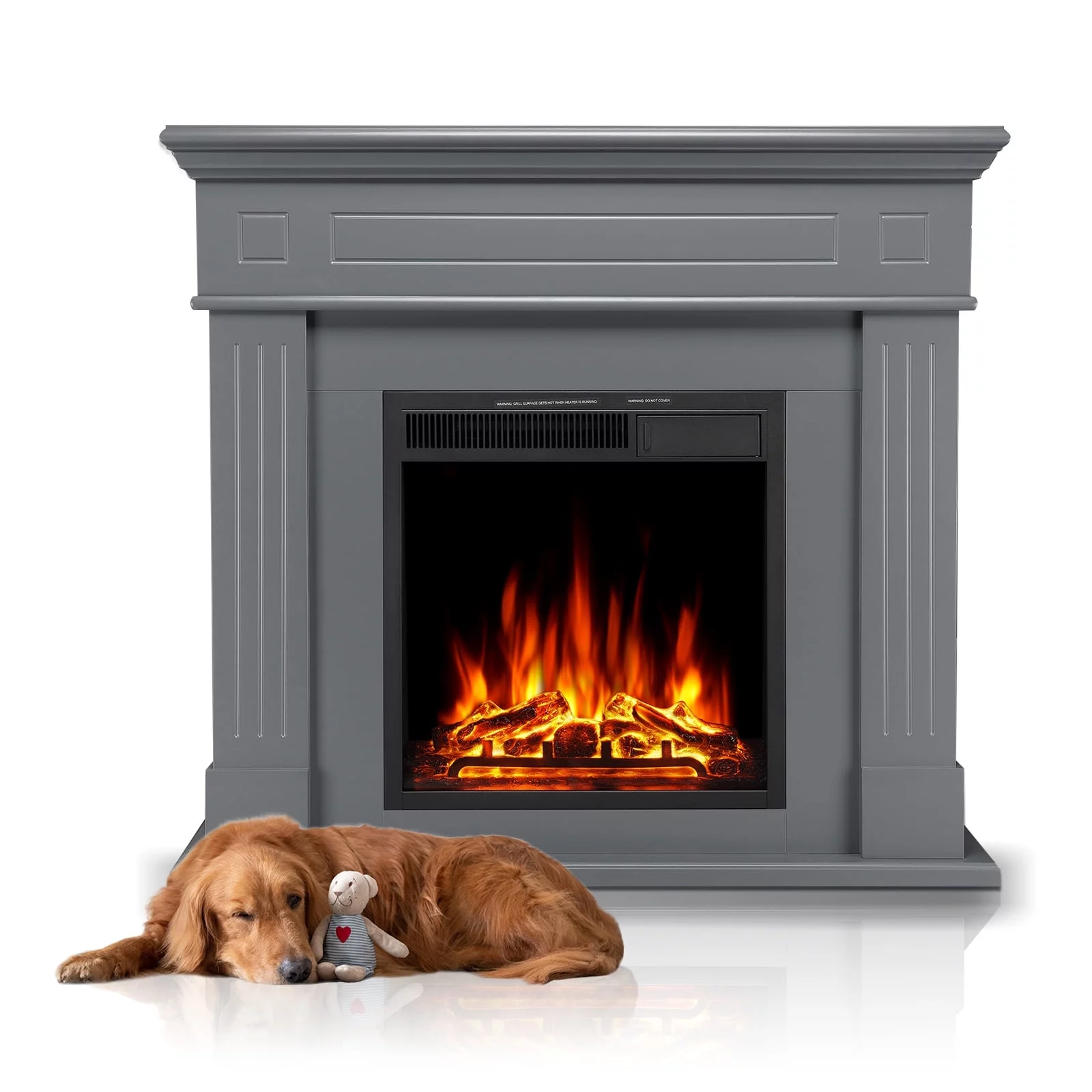 LHRIVER Freestanding Wooden Frame Fireplace with TV Stand, Electric Fireplace Mantel Heater, Various Brightness & Realistic Flames & Remote Control