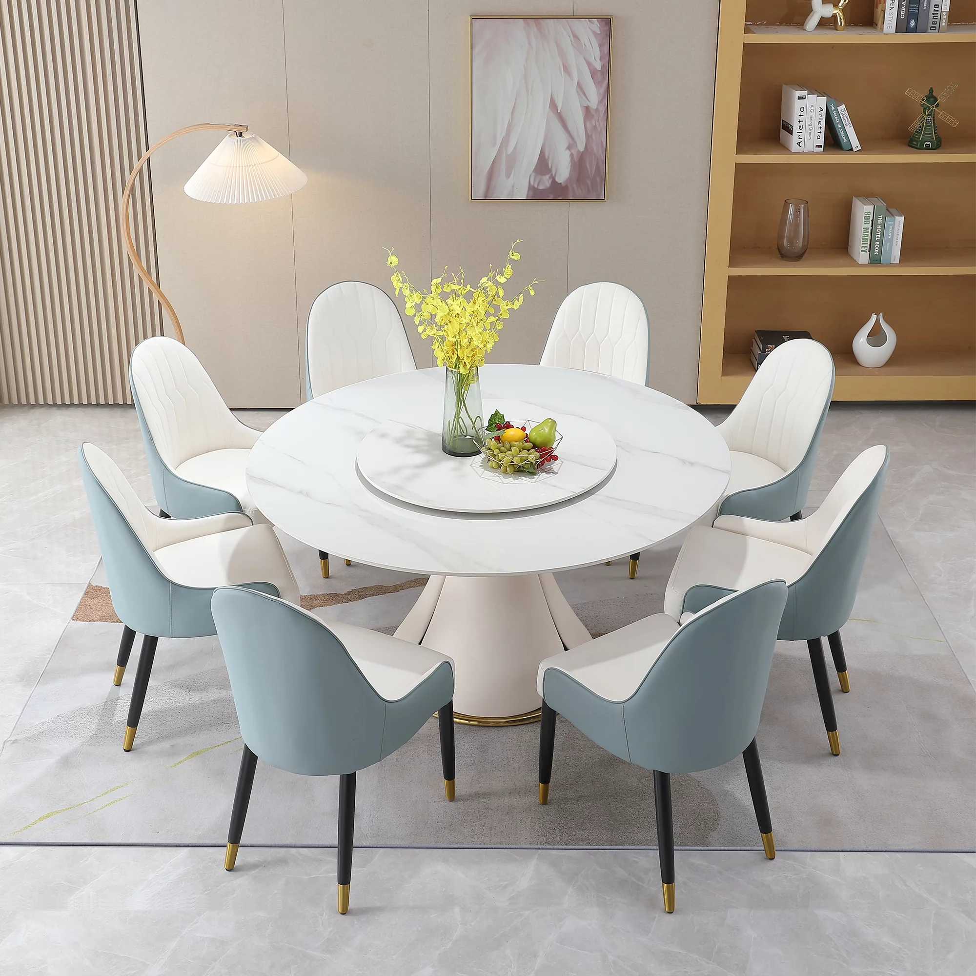59” Leavader Sintered Stone Round Kitchen Dining Table Set with 31.5” Round Turntable for 8 People with Stainless Steel Base with 8 Chairs