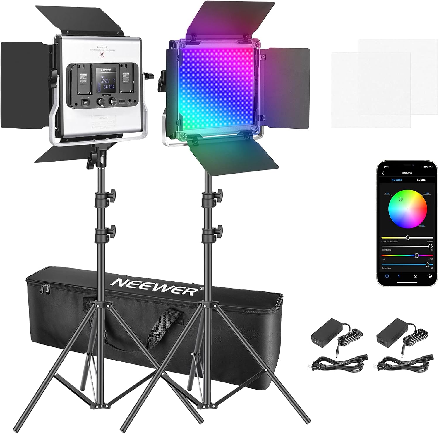 Neewer 660 RGB LED Video Light with App Control, Photography Video Lighting Kit with Stands and Bag