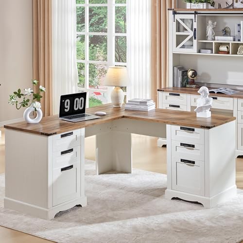 RedLemon 60" Farmhouse L Shaped Executive Desk with Drawers, Wood Home Office Corner Desk with Charging Station, File Drawer, Storage Cabinet