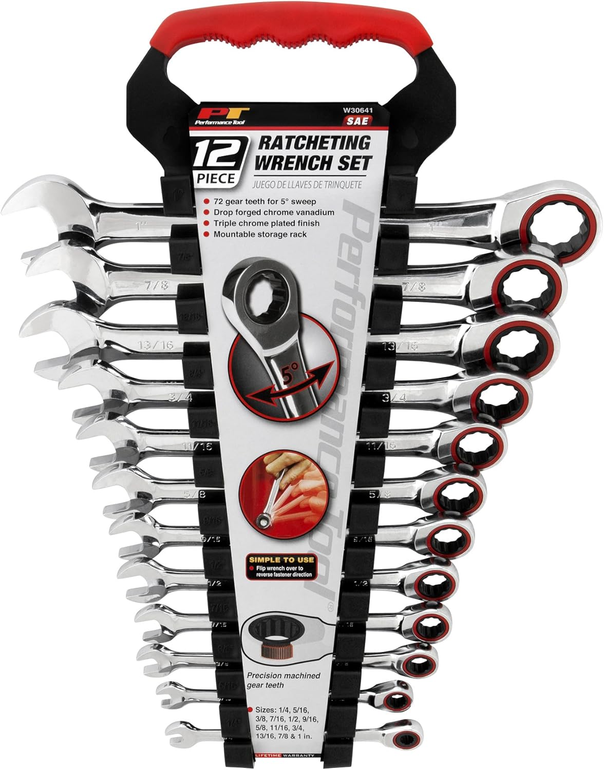 Performance Tool W30641 12pc SAE Combo Ratcheting Wrench Set | Drop Forged Chrome Vanadium Steel | Corrosion Resistant Finish | Sizes: 1/4, 5/16, 3/8
