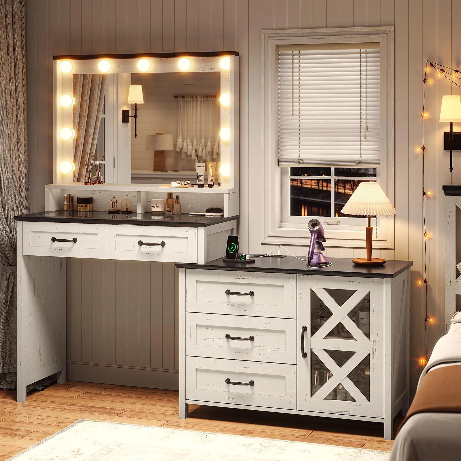 Makeup Vanity Desk with Charging Station&Mirror and Lights, Farmhouse Vanity Table with Glass Top&5 Drawers&Dresser for Women Girls, White