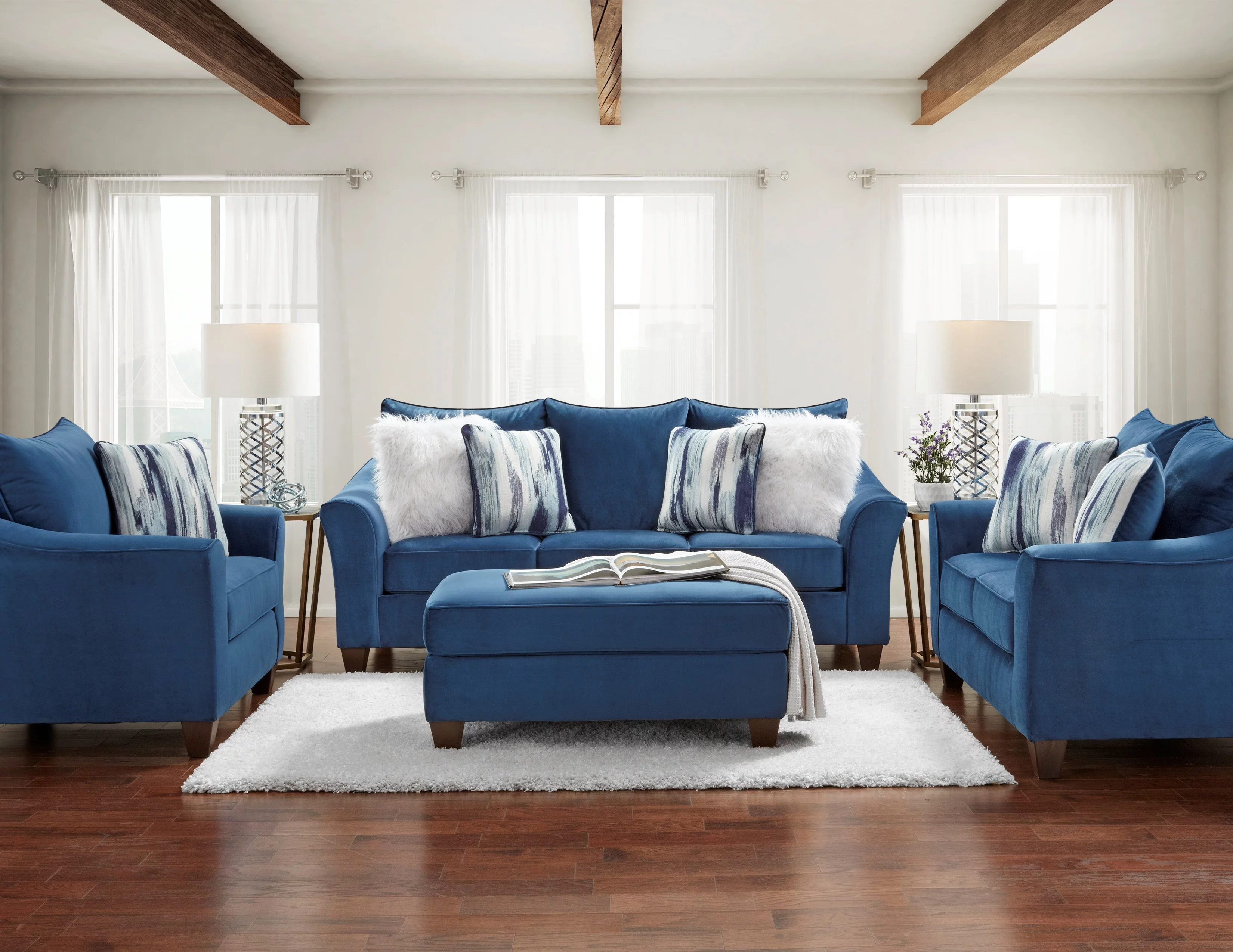 Camero Pillowback 4-Piece Sofa Set, Fabric, Navy Blue
