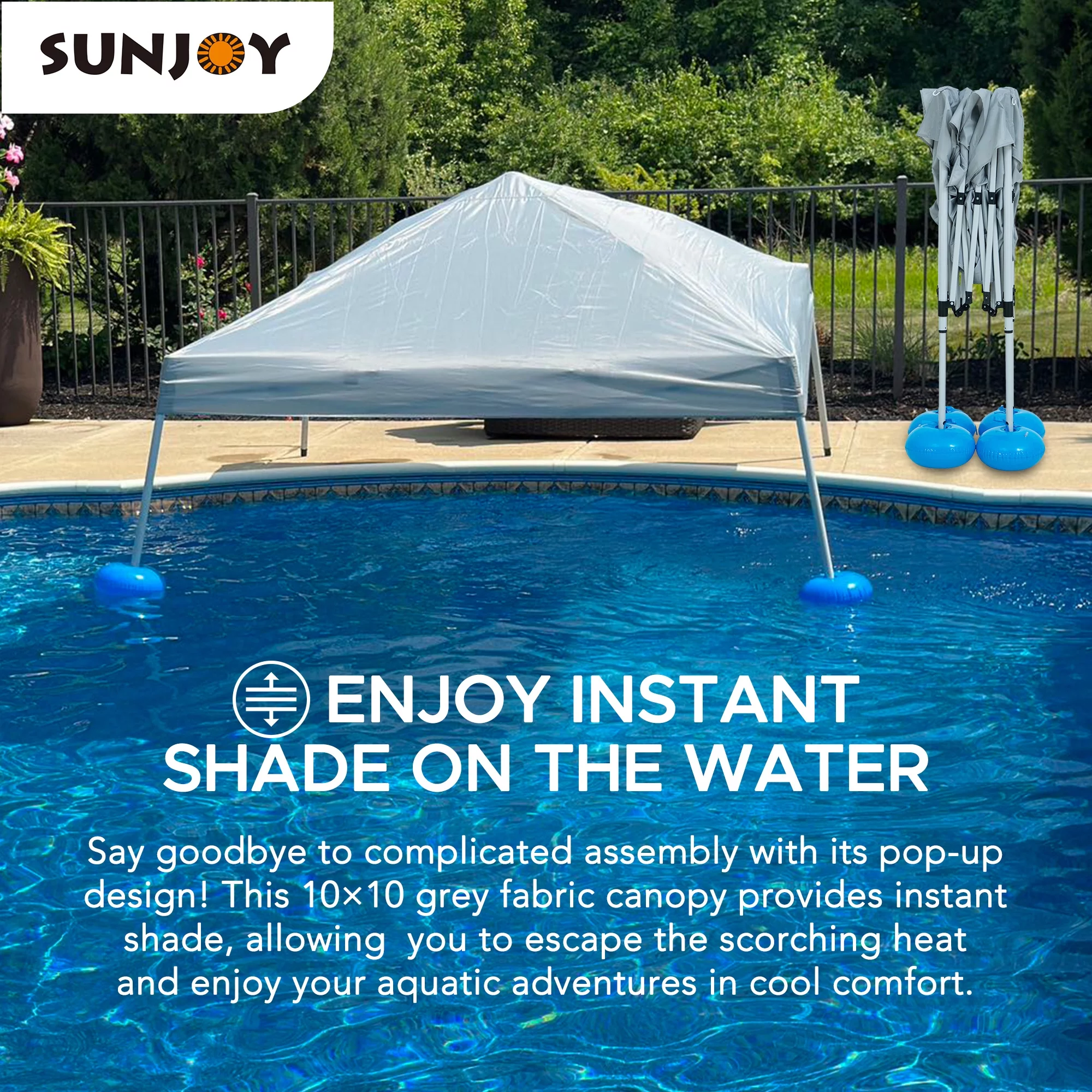 Sunjoy Floating Pool Canopy 10’ × 10’ Pop Up Gazebo Grey Fabric Canopy, Steel and Aluminum Frame Floating Tent with PVC Floats, Hand Air Pump