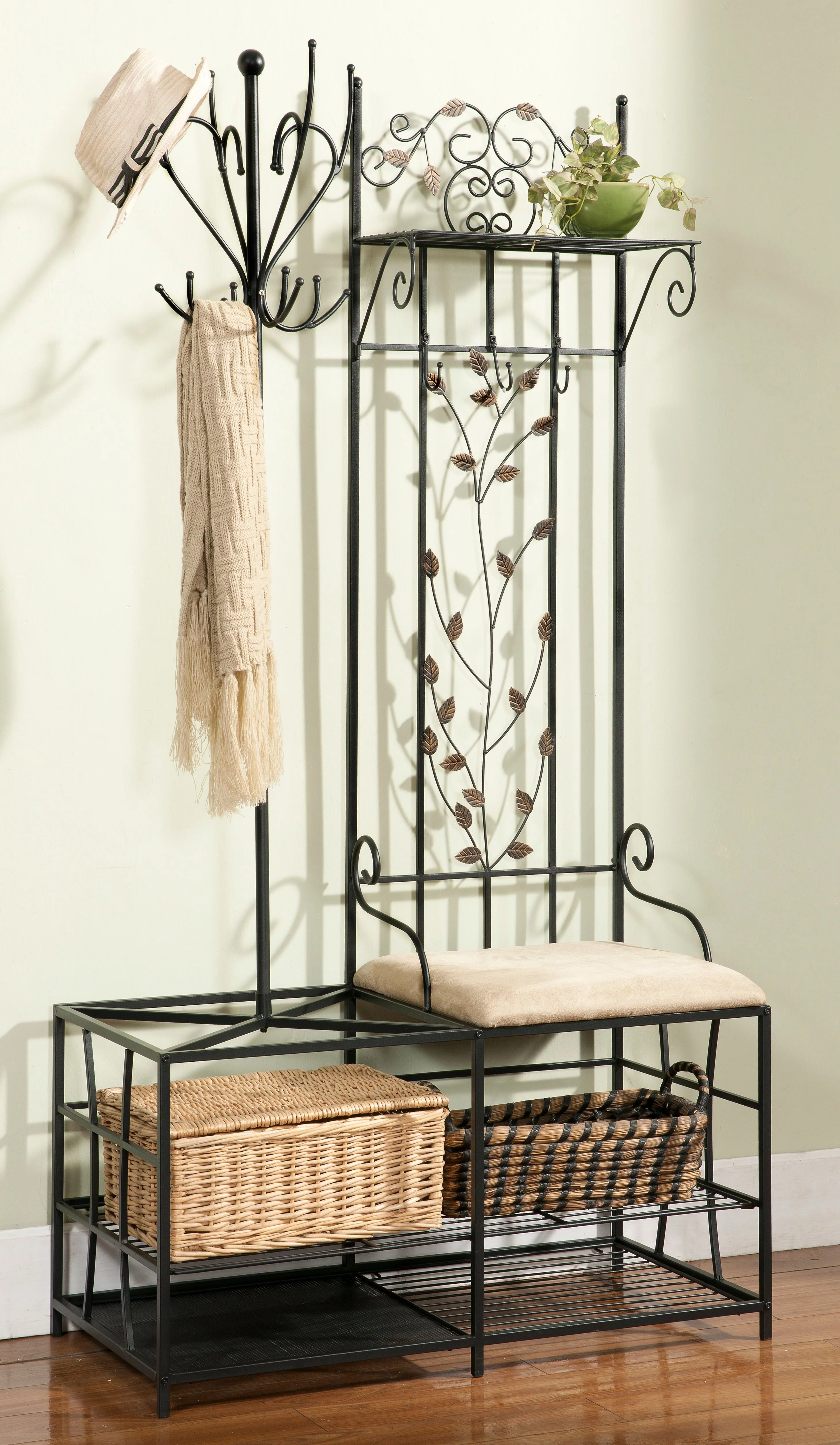 Baylen Black Metal Entryway Coat & Hat Rack, Bench & Umbrella Stand, 12 Hooks