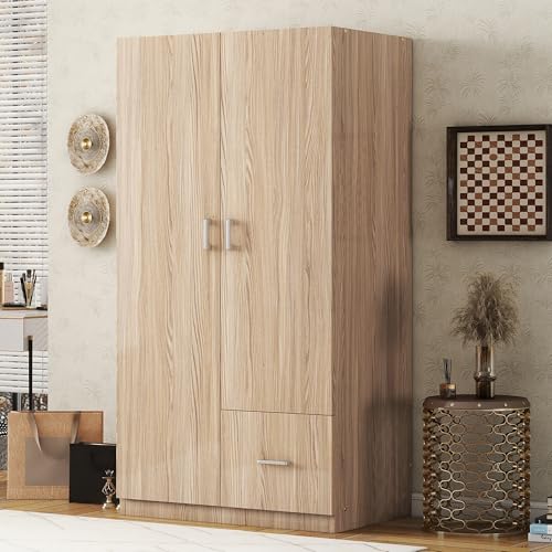 3 Door Wardrobe with Mirror, Armoire with Hanging Rod and 3 Fixed Shelves