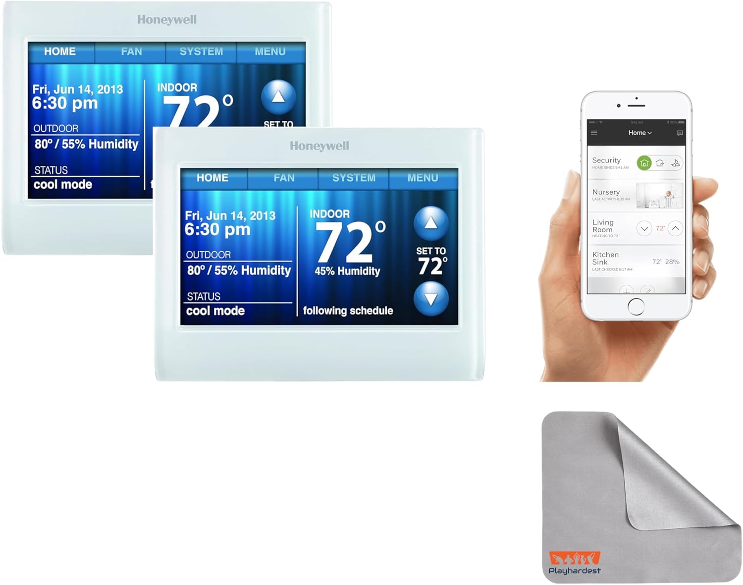 Playhardest Honeywell TH9320WF5003 Wi-Fi 9000 Color Touch Screen Programmable Thermostat, White, Requires C Wire 2 Pack with Extended 5-Year Warranty