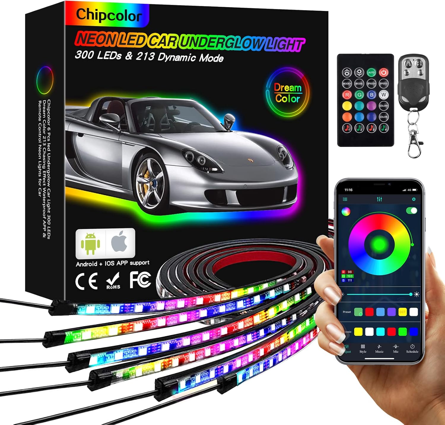 Chipcolor 6 Pcs 300 LEDs Car Underglow Light Kit, APP Control 16 Million Colors, Dual Remote Waterproof MagicRGB Exterior Neon LED Car Lights