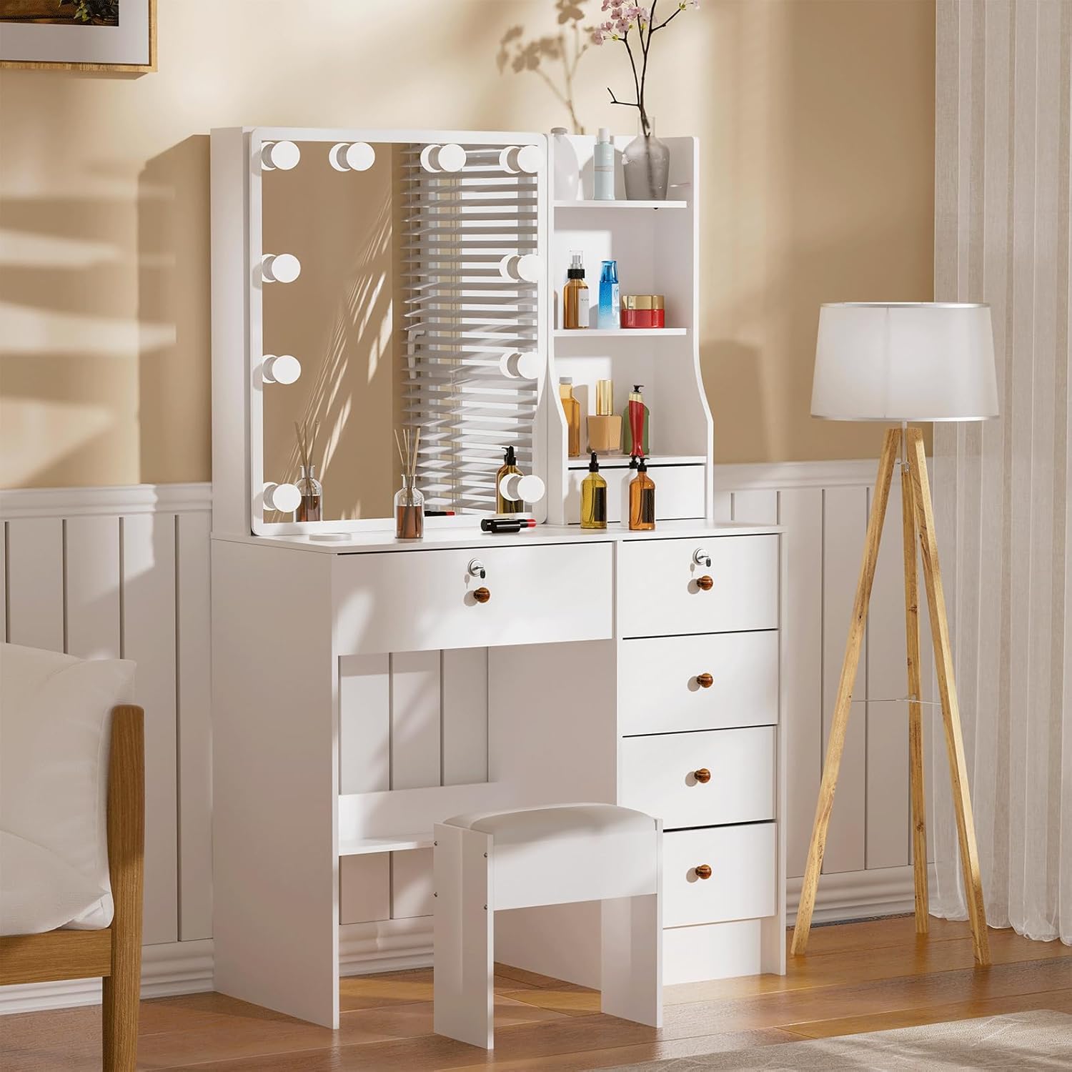 Girls Makeup Vanity with Sliding Mirror and Lights for Home, Hollywood Style Vanity Desk with Lockable Drawers and Cabinets