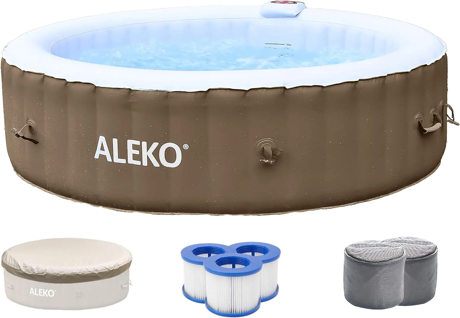 Inflatable Hot Tub Spa | Personal High Powered Jetted Bubble | With Fitted Cover And 3 Filters | 265 Gallon | 6 Person Round | Brown And White |