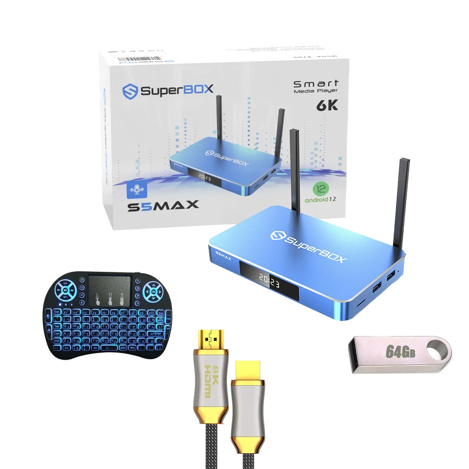 SuperBox S5 MAX 5th Gen 4g ram 64g ram mini computer with Bluetooth Voice Command backlit remote 8K HD cable 64g usb flash drive remote holder