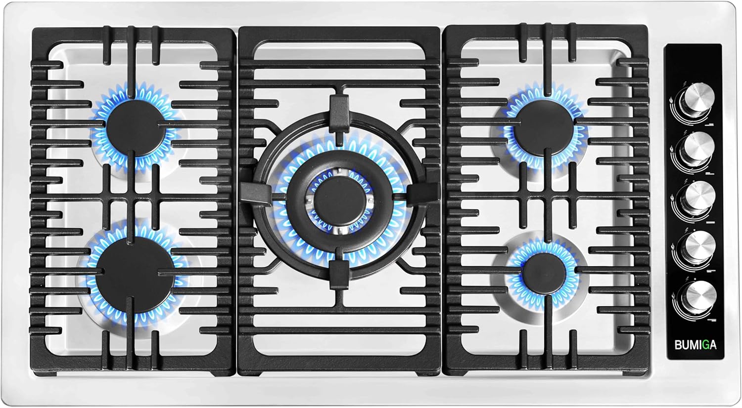 36 In Gas Cooktop Stainless Steel White LED knobs, 270 degree valve, Pot rack, 5 Italy SABAF Sealed Burners counter-Top Cooker, Cast Iron Grate