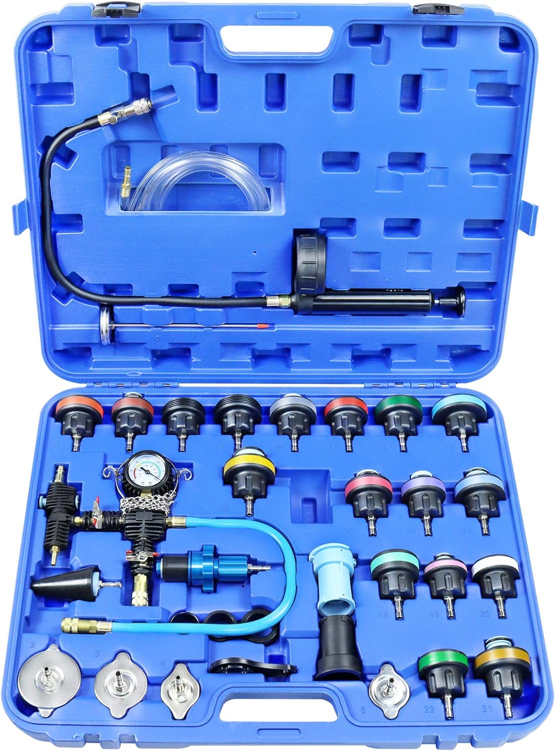 YSTOOL Radiator Pressure Tester Coolant Vacuum Refill Kit 33PCS Automotive Cooling System Leak Test Pneumatic Water Tank Purge Fill Tool Set with