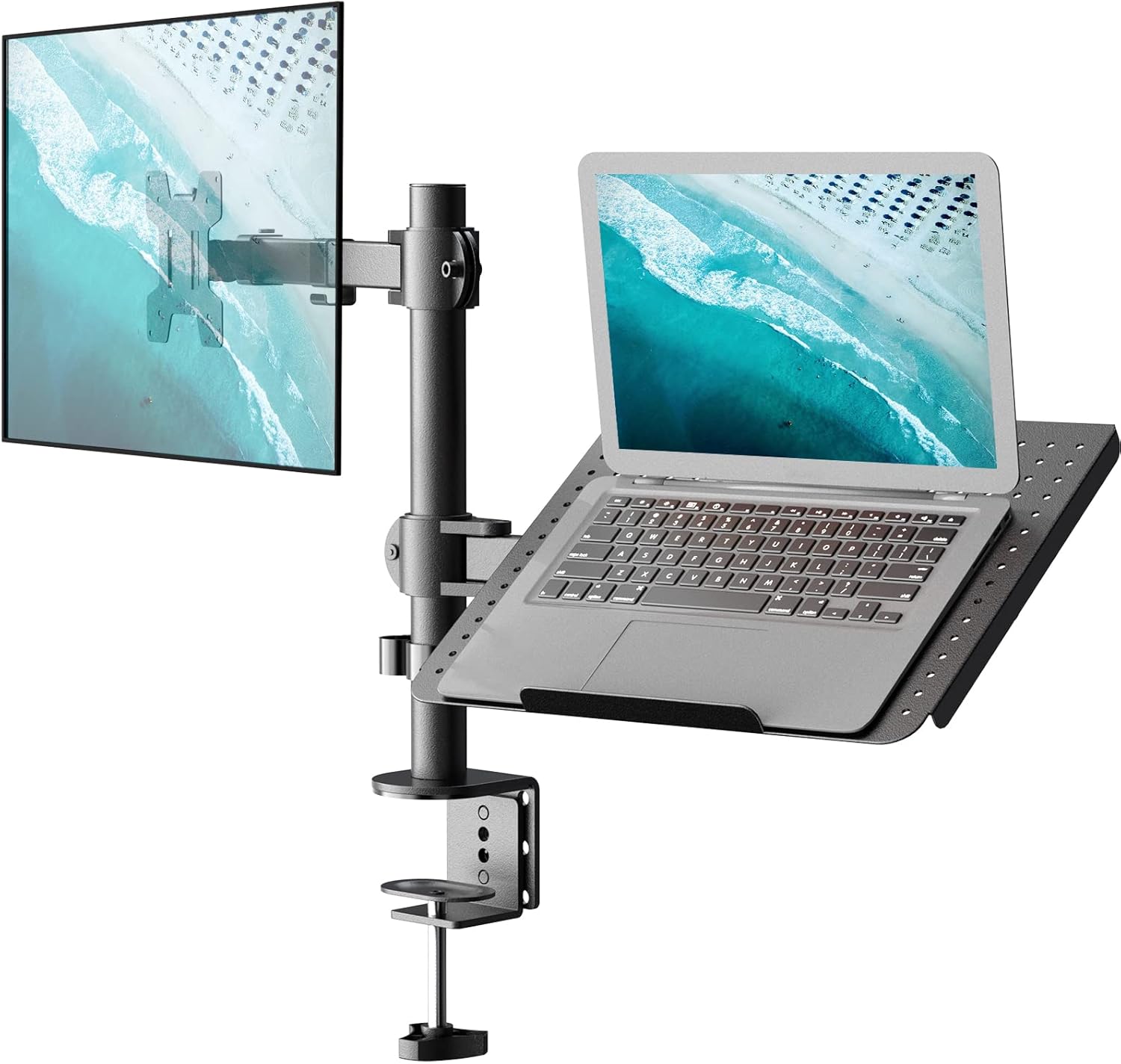 WALI Laptop and Monitor Mount Stand, Single Monitor Desk Mount with Tray for 1 Laptop Notebook up to 17 inch and 1 LCD Monitor Mount up to 27 inch
